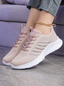 Women Striped Pattern Lace-up Front Running Shoes, Sporty Sneakers - Pink - View 3
