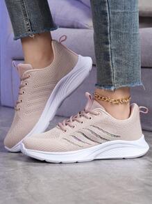 Women Striped Pattern Lace-up Front Running Shoes, Sporty Sneakers - Pink - View 5