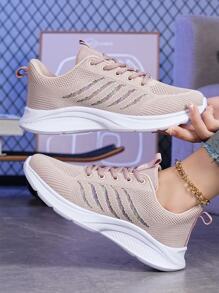 Women Striped Pattern Lace-up Front Running Shoes, Sporty Sneakers - Pink - View 1