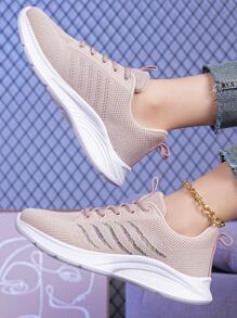 Women Striped Pattern Lace-up Front Running Shoes, Sporty Sneakers - Pink - View 2