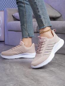 Women Striped Pattern Lace-up Front Running Shoes, Sporty Sneakers - Pink - View 4
