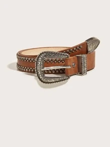 鉚釘裝飾西部風腰帶 - 駝色 - 查看 1