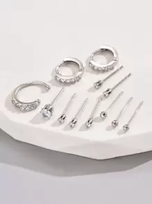 12pcs/Set 2 Full Rhinestone Decor Stud Earrings, 1 Rhinestone Clip-On Earring, 9 Rhinestone Ball Stud Earrings - Silver - View 4