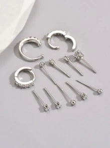 12pcs/Set 2 Full Rhinestone Decor Stud Earrings, 1 Rhinestone Clip-On Earring, 9 Rhinestone Ball Stud Earrings - Silver - View 2