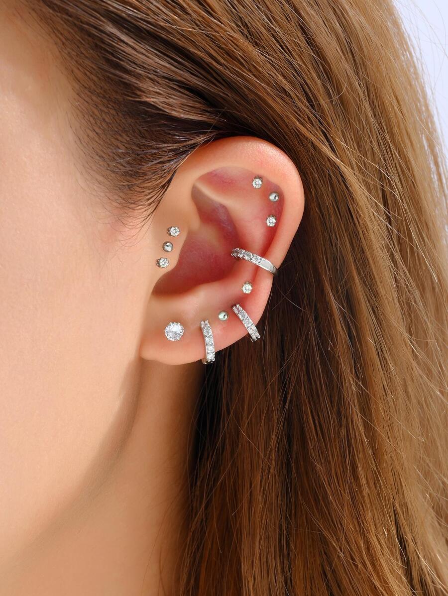 12pcs/Set 2 Full Rhinestone Decor Stud Earrings, 1 Rhinestone Clip-On Earring, 9 Rhinestone Ball Stud Earrings - Silver - View 1