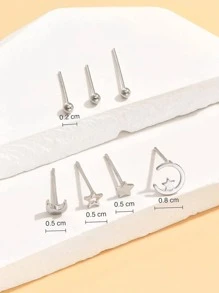 7入組/套時尚銅星月裝飾耳釘適合女士適用於約會禮物 - 銀色 - 查看 3