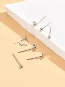 7入組/套時尚銅星月裝飾耳釘適合女士適用於約會禮物 - 銀色 - 查看 4