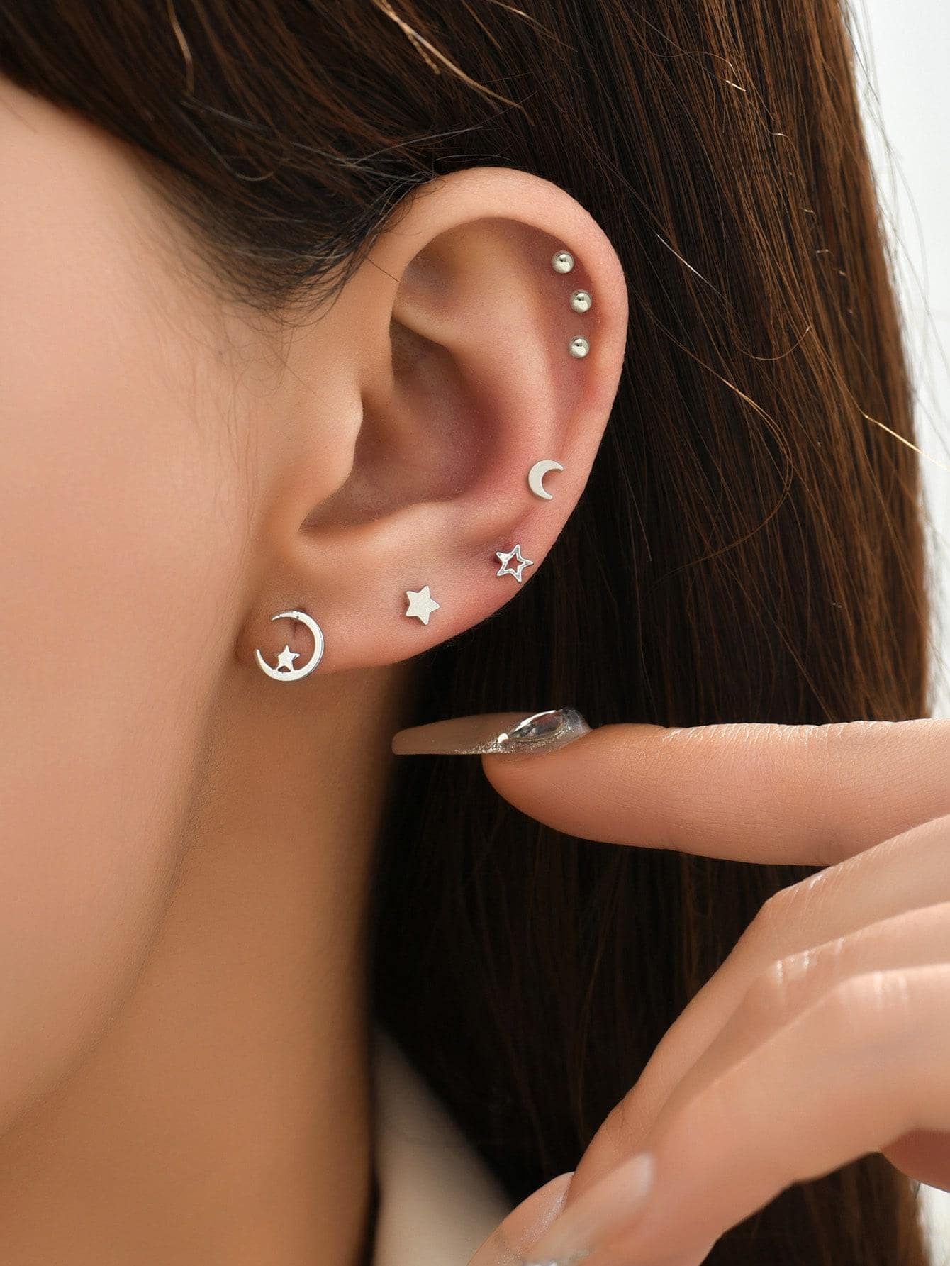 7入組/套時尚銅星月裝飾耳釘適合女士適用於約會禮物 - 銀色 - 查看 1