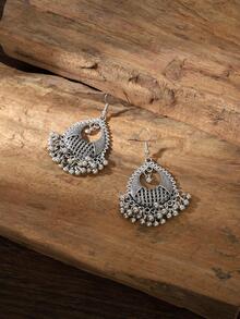 1對時尚鋅合金釘珠流蘇耳墜適合女士日常裝飾 - 復古銀色 - 查看 2