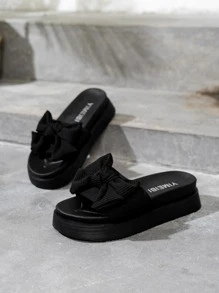 Women's Black Thick-soled Slippers With Bowknot Decoration - Black - View 5