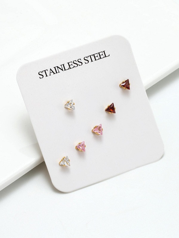 3pairs/set Shiny Micro Pave Cubic Zirconia Stud Earrings for Women