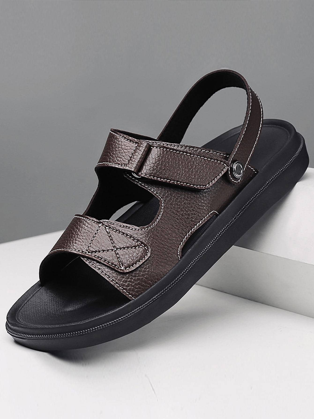 Men Litchi Embossed Hook-and-loop Fastener Sandals, Leisure Summer Arabic Sandals - Brown - View 1