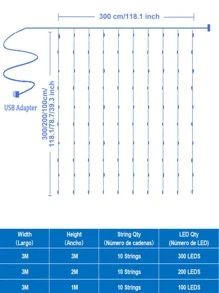 1条3米/10英尺长，100/200/300颗LED窗帘灯串，USB供电，可悬挂在窗帘上装饰，8种灯光模式，带遥控器，适用于房间、派对、白色墙面装饰、圣诞节、万圣节、感恩节、返校季等场合。