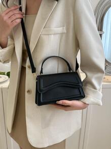 女士迷你时尚纯色手提包，带翻盖和可调节肩带 - 黑色 - 查看 2