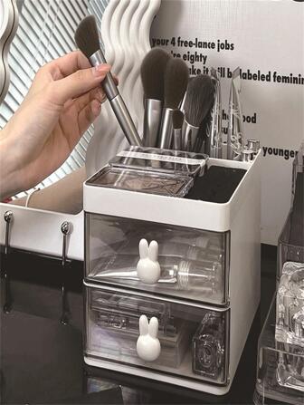 1入組PS化妝刷收納盒可愛兔子裝飾化妝刷家用收納盒