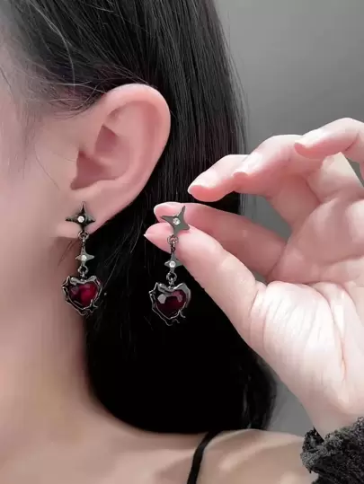 1 套星光心形红水晶和白色蓝宝石耳环情人节、妈妈、母亲、母亲节、礼物