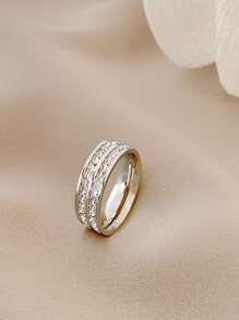 1pc Double Row Micro Pave Zirconia Eternity Band Ring, Titanium Steel Starry Sky Design Luxury Couple Wedding Rings, Fashionable Minimalist Dainty Adjustable Rings For Men And Women, Wholesale