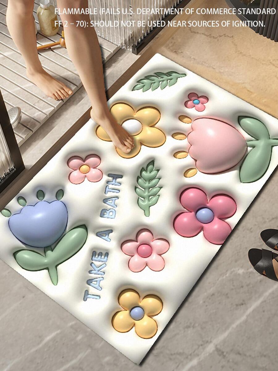 1pc Modern Flower Pattern Non-slip Bath Rug, Modern Diatomite Toilet Mat For Bathroom - Pink - View 1