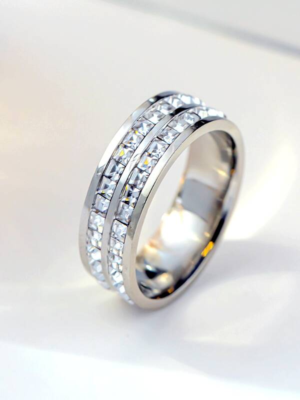 1pc Double Row Micro Pave Zirconia Eternity Band Ring, Titanium Steel Starry Sky Design Luxury Couple Wedding Rings, Fashionable Minimalist Dainty Adjustable Rings For Men And Women, Wholesale