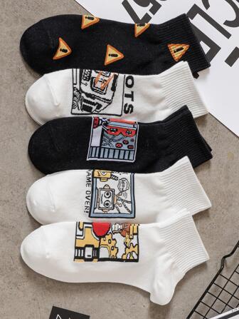 5雙男士字母和心形圖案時尚中筒襪適用於日常生活