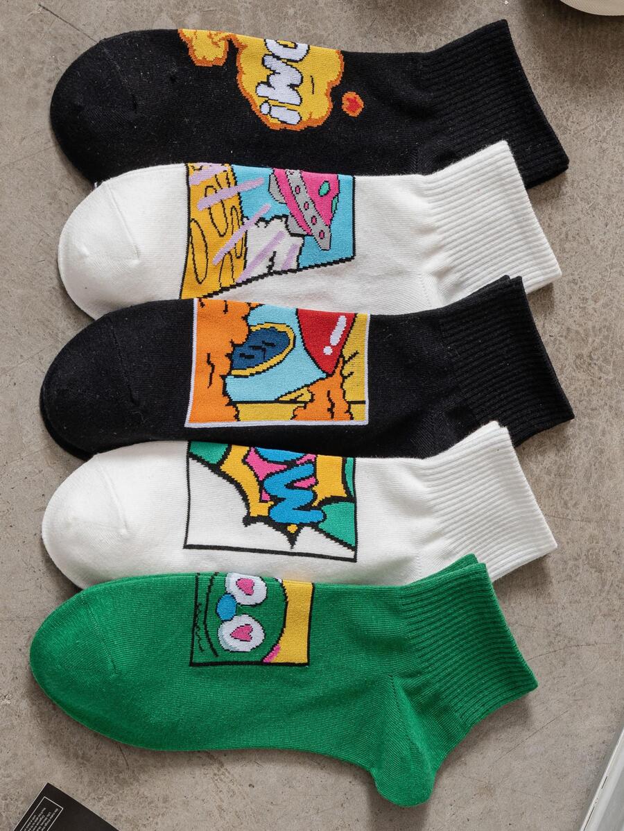 5雙男士字母和心形圖案時尚中筒襪適用於日常生活 - 彩色 - 查看 1