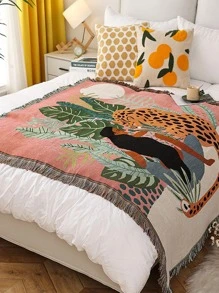1pc Leopard & Leaf Pattern Blanket, Tassel Decor Fabric Sleeping Blanket, For Home