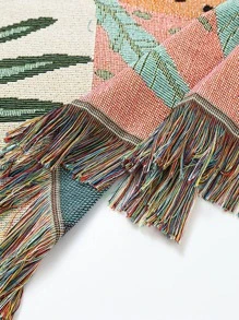 1pc Leopard & Leaf Pattern Blanket, Tassel Decor Fabric Sleeping Blanket, For Home