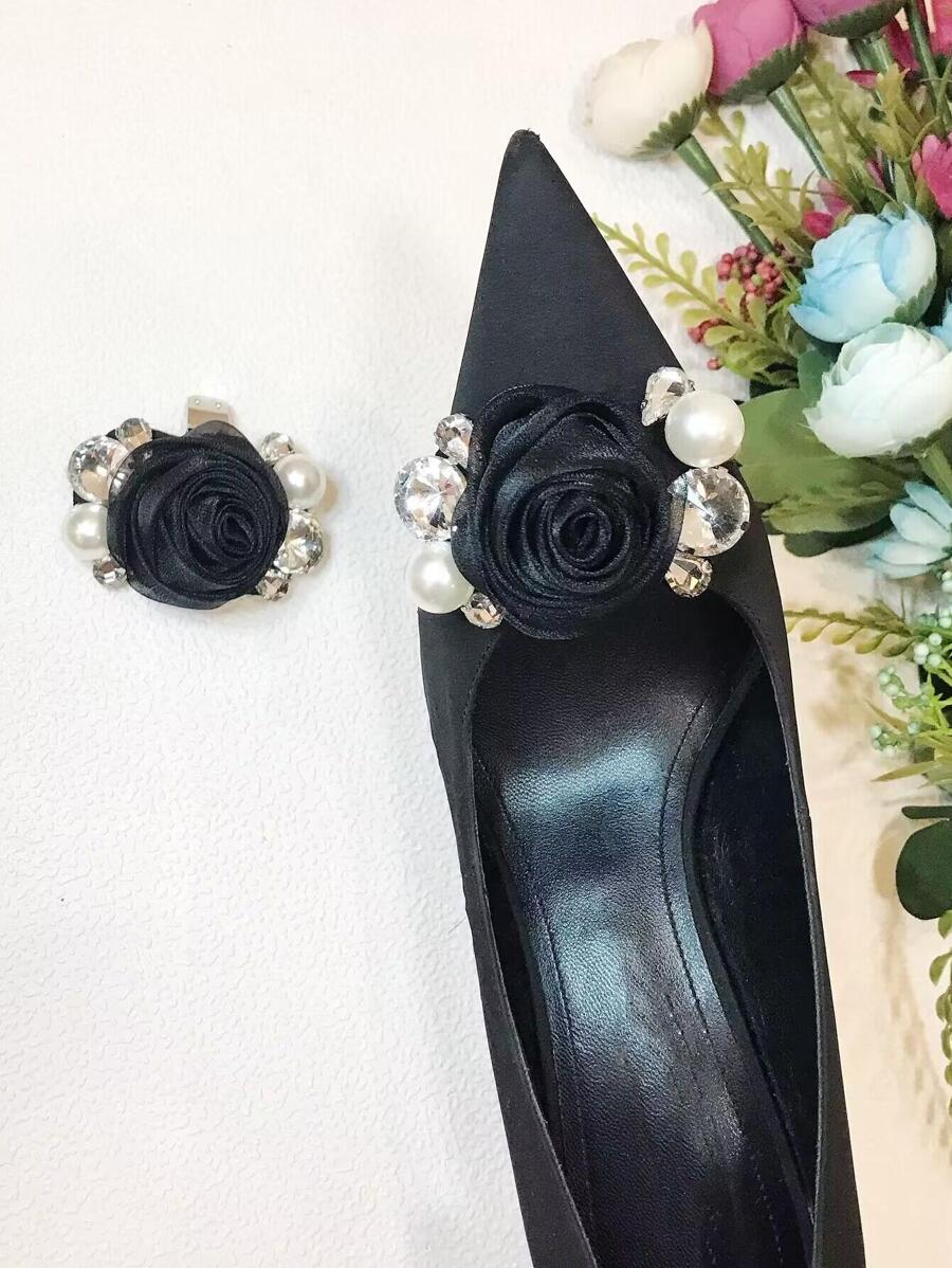 2 piezas flor & con diseño de perla artificial zapato elegante Decoraciones de zapatos para Tacones - Negro - Ver 1