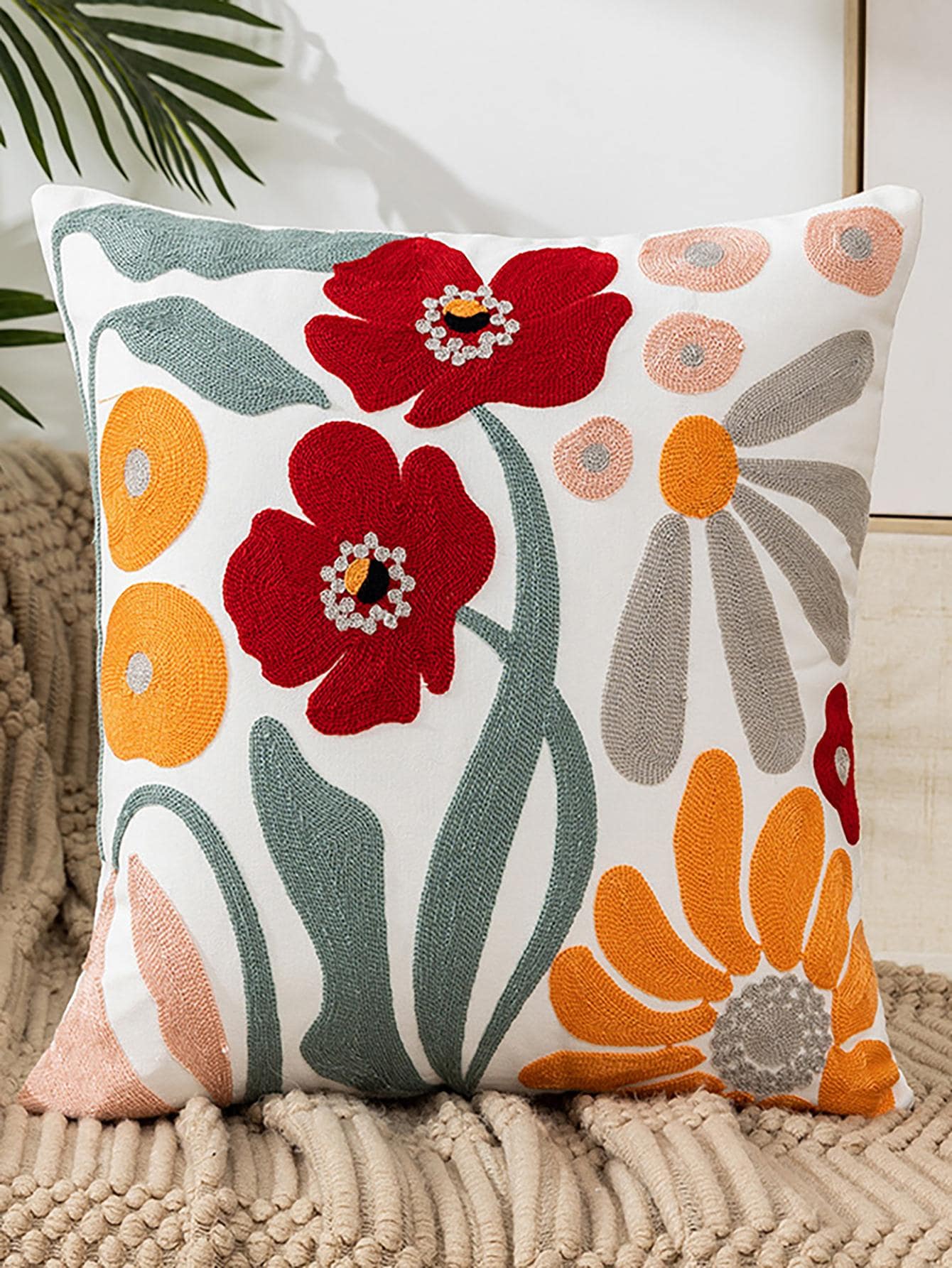 Floral Embroidered Cushion Cover Without Filler, Cottagecore Canvas Throw Pillow Case, For Sofa, Couch - Multicolor - View 1