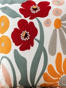 Floral Embroidered Cushion Cover Without Filler, Cottagecore Canvas Throw Pillow Case, For Sofa, Couch - Multicolor - View 3