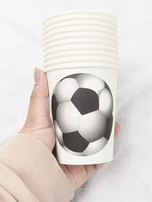 10入組足球圖案一次性杯子 - 黑色 - 查看 2