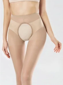 1pair Women Solid Casual Crotchless Tights - Apricot - View 1