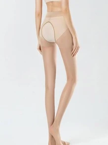 1pair Women Solid Casual Crotchless Tights - Apricot - View 2