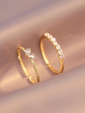 2pcs/Set Cubic Zirconia Decor Ring Copper Jewelry