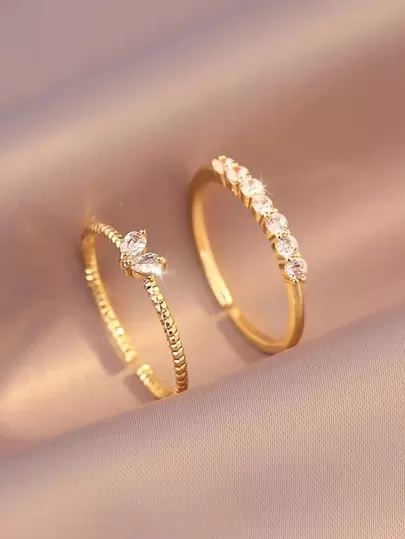 2pcs/Set Cubic Zirconia Decor Ring Copper Jewelry