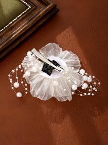 1 件女士花朵和仿珍珠装饰优雅发夹，可用于装饰、学校用品、珍珠发饰、女士度假装 - 白色 - 查看 4