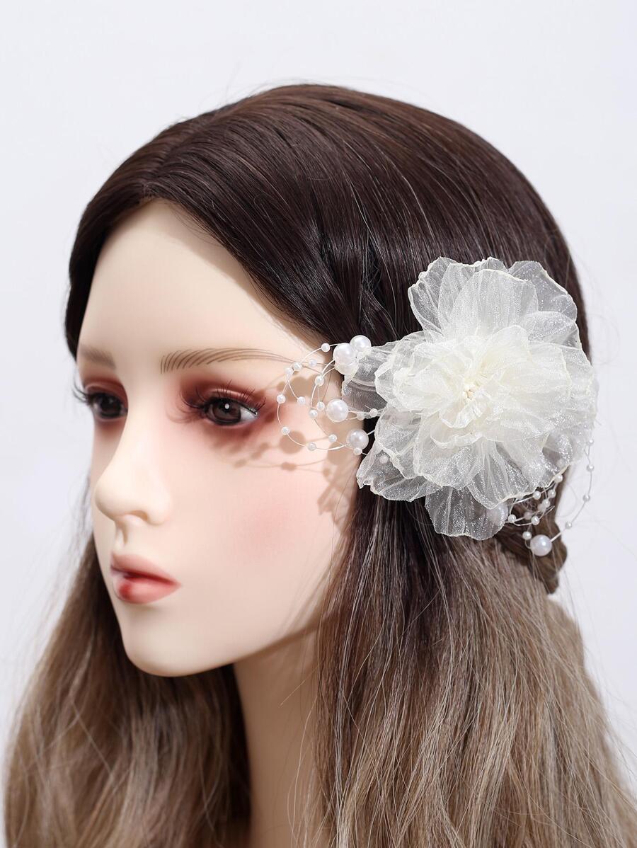 1 件女士花朵和仿珍珠装饰优雅发夹，可用于装饰、学校用品、珍珠发饰、女士度假装 - 白色 - 查看 1