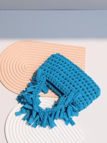 2024 Túi tote ruy băng dệt tay màu kẹo lấy cảm hứng từ Dopamine mới với thiết kế móc tua rua độc đáo - Màu xanh lam - Xem 3