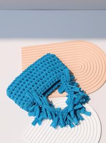 2024 Túi tote ruy băng dệt tay màu kẹo lấy cảm hứng từ Dopamine mới với thiết kế móc tua rua độc đáo - Màu xanh lam - Xem 2