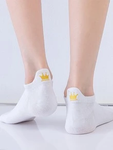 1/3/5 Pairs Spring/Summer Thin Breathable White Socks With Embroidered Crown & Sakura Flower Heel Tab, Fashionable Ankle Socks For Women - Multicolor - View 9