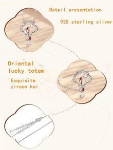 BONA真品925純銀首飾水晶招財錦鯉項鍊卡通圖騰吊墜項鍊紅鯉魚精美方晶鋯石吊墜招財護身符愛情鎖骨鏈東方元素送女禮物結婚派對禮物情侶表白禮物 - 幸運錦鯉 - 查看 6