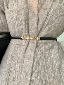 时尚女士多功能仿珍珠扣腰带，长度可调，适合日常佩戴万圣节夏季、学校秋季、秋季、万圣节 - 黑色 - 查看 1