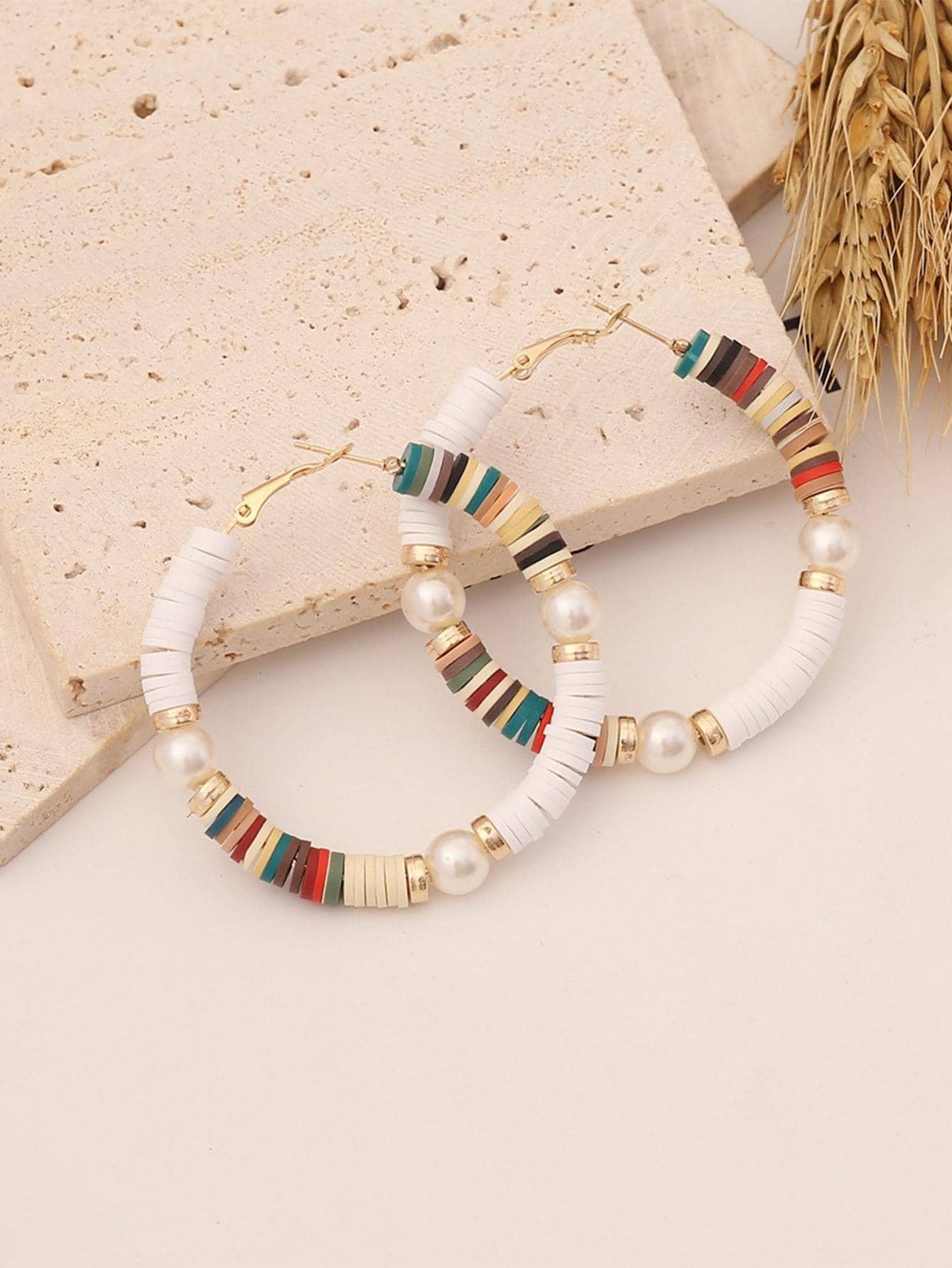 1對波西米亞聚合物粘土珍珠圓耳環適合女士適用於假期 - 彩色 - 查看 1