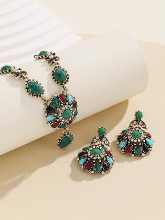 3pcs/set Glamorous Rhinestone Colored Round Decor Jewelry Set For Women For Banquet