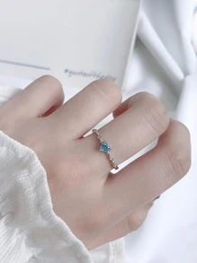 1入組時尚純銀方晶鋯石愛心裝飾銀開口戒指適合女士適用於約會禮物 - 銀色 - 查看 1