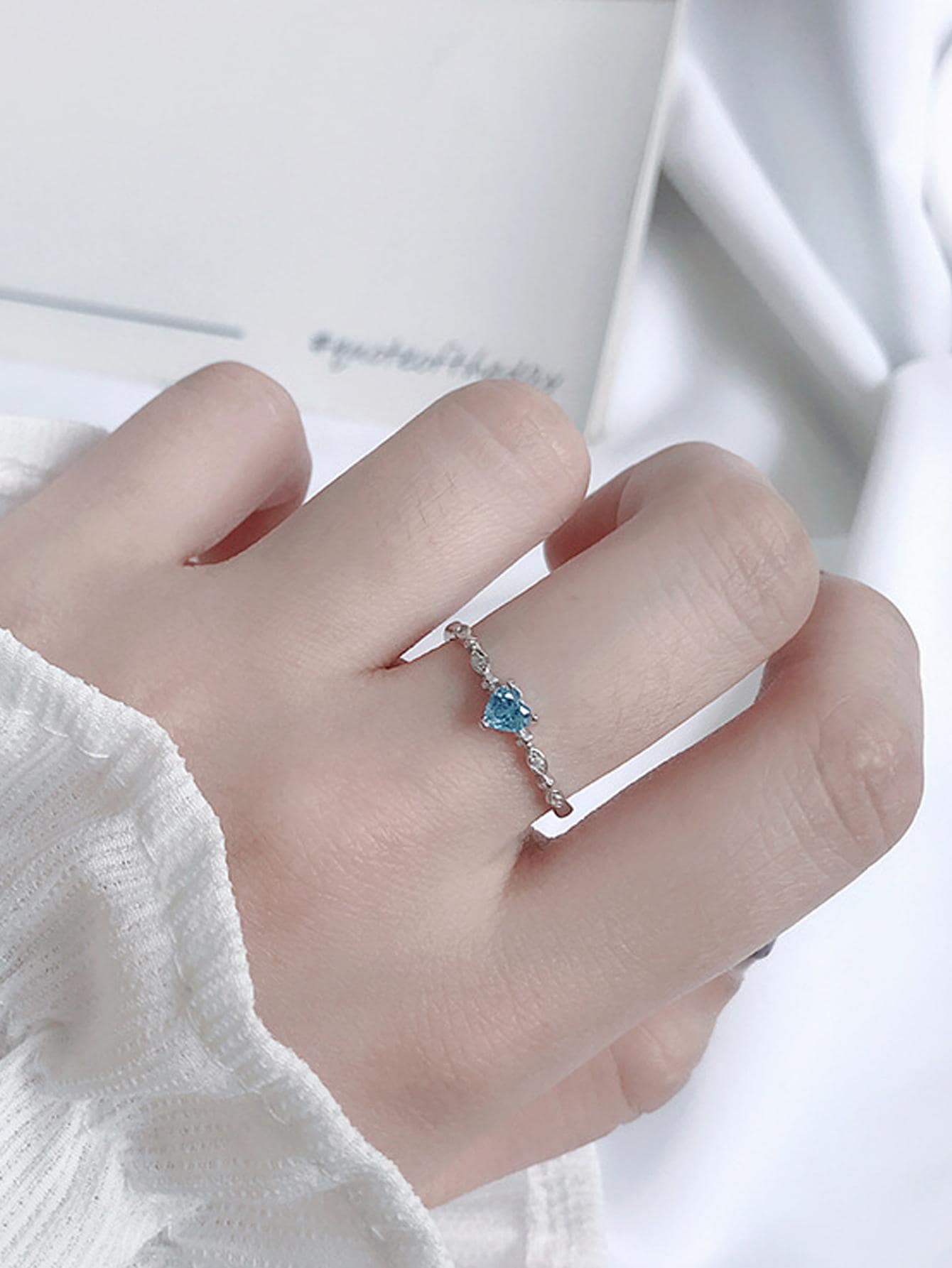 1入組時尚純銀方晶鋯石愛心裝飾銀開口戒指適合女士適用於約會禮物 - 銀色 - 查看 1