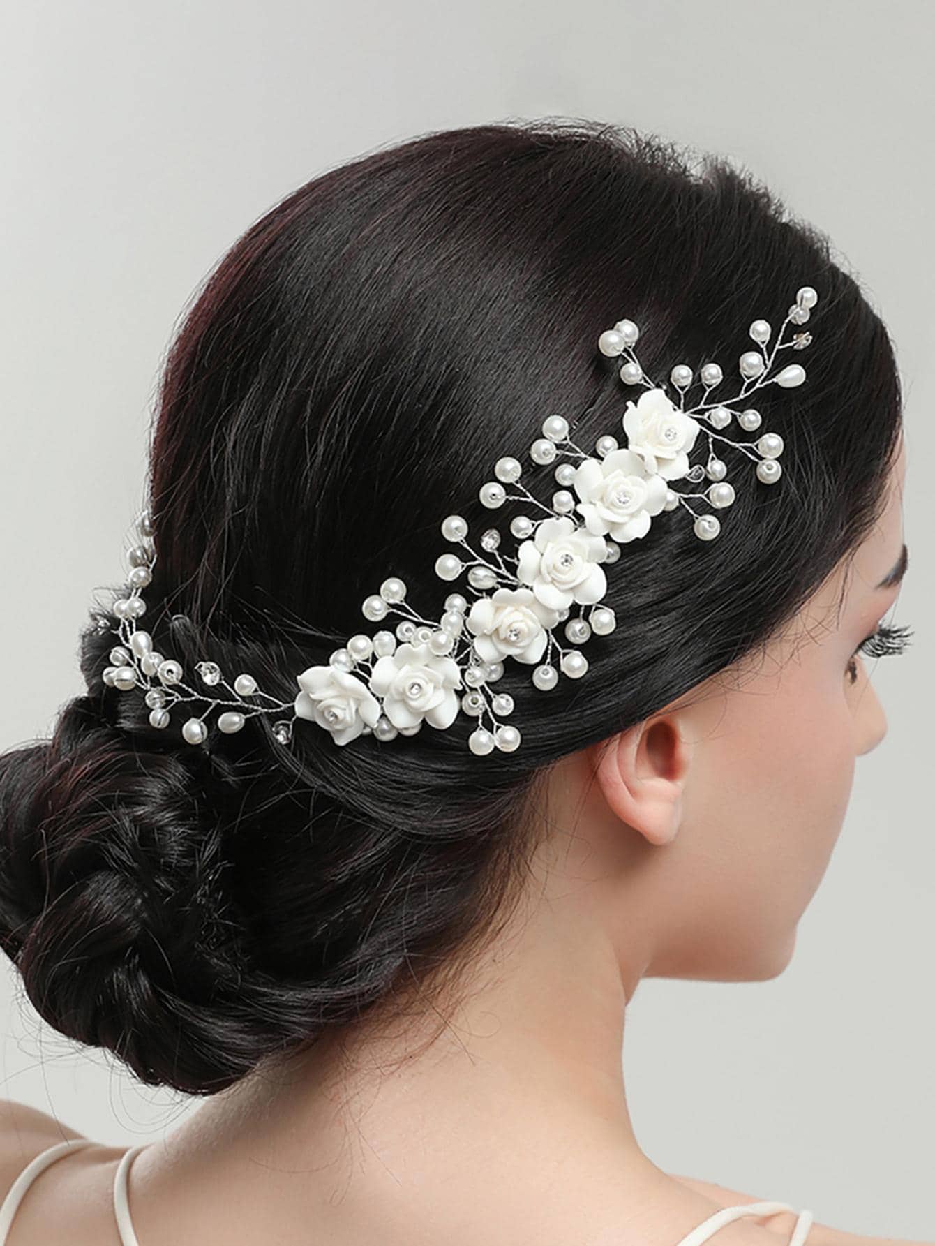 花和人造珍珠裝飾新娘髮帶 - 白色 - 查看 1
