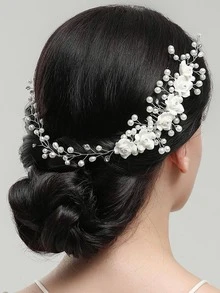 花和人造珍珠裝飾新娘髮帶 - 白色 - 查看 4