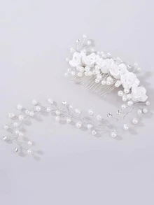 花和人造珍珠裝飾新娘髮帶 - 白色 - 查看 3
