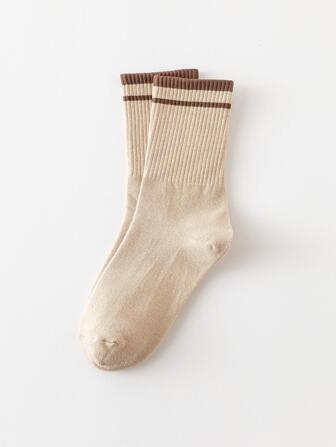 1對女士條紋圖案休閒中筒襪適用於日常生活